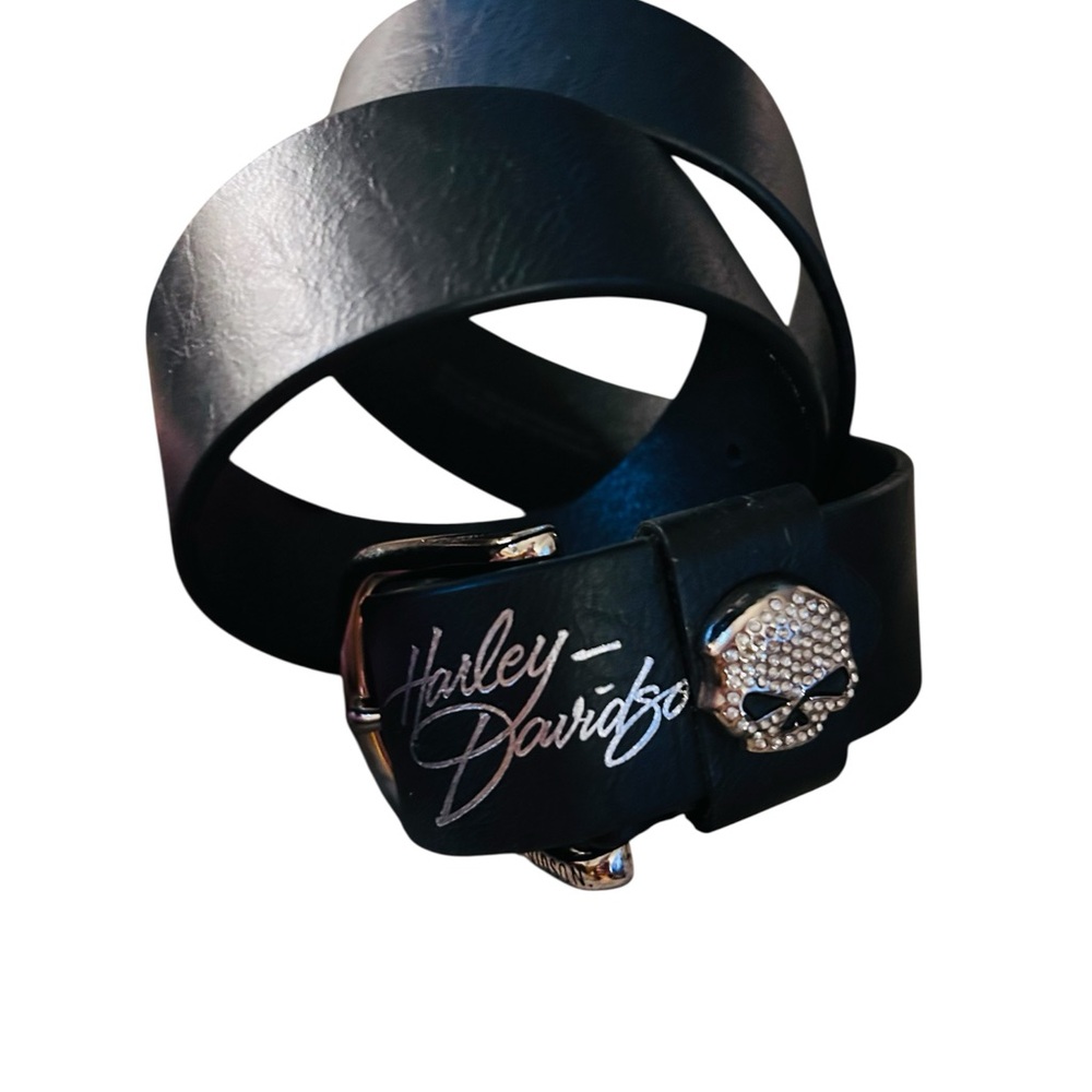 Harley‑Davidson Rock CandyBlack Leather Belt with Silver Rhinestone Skull Accent